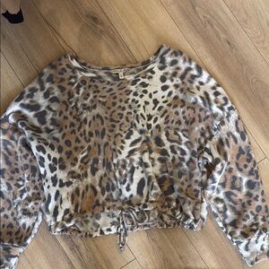 Express Tan and Brown Long Sleeve Tie Front Crop Blouse